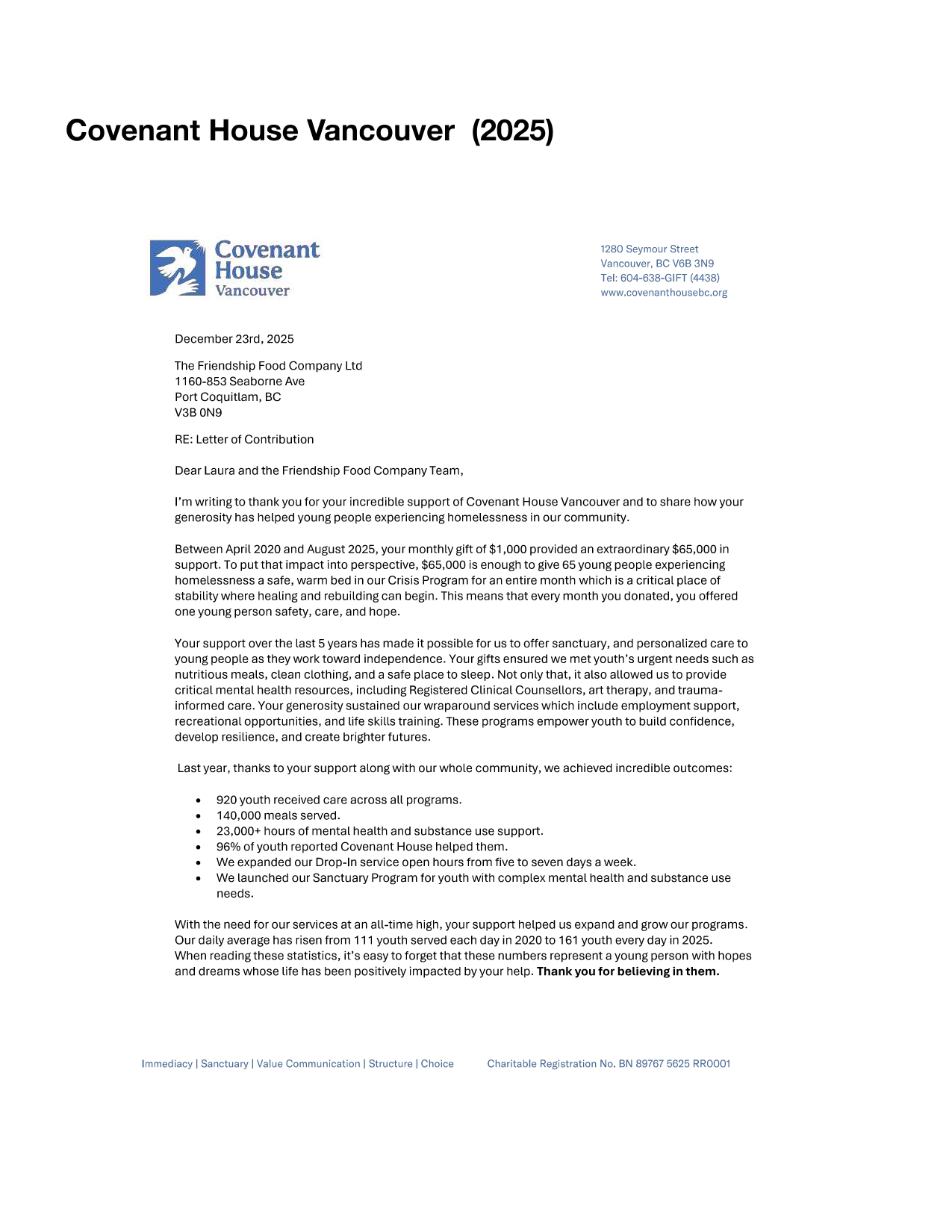 Covenant House Vancouver — letter