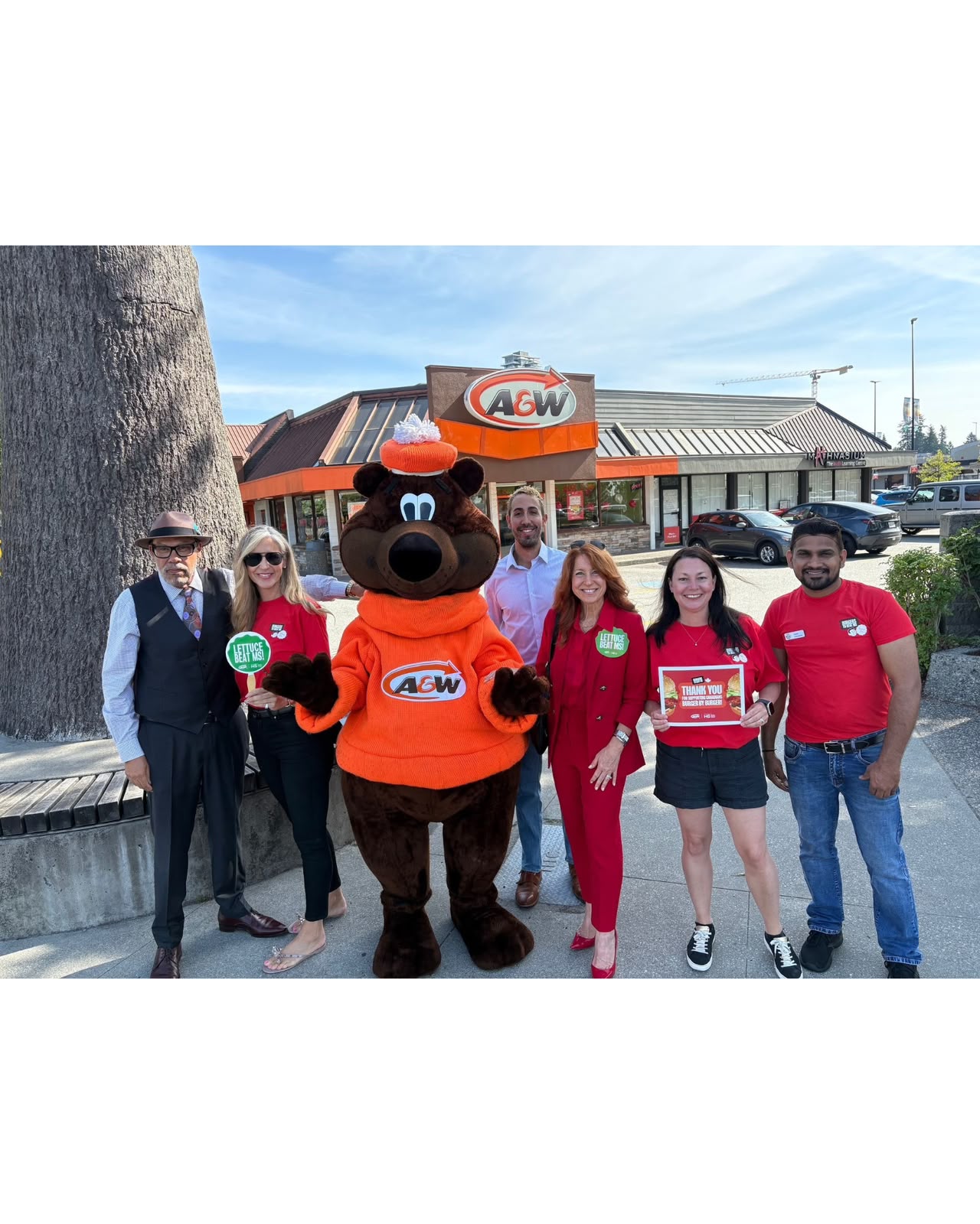Roger Milad with Kelly Blankstein, the Root Bear, two MS Canada representatives and the Pinetree restaurant manager
